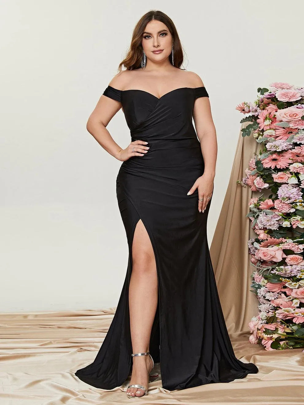 Alternate view of Ruched Wrap Plus-Size Off-Shoulder Knit High-Slit Evening Gown in Black