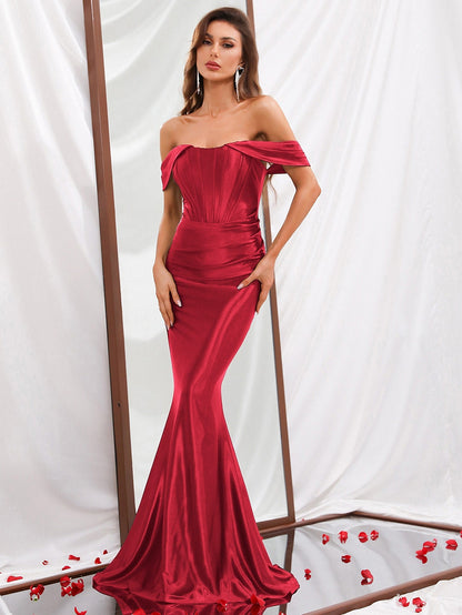 Alternate view of Mermaid Hem Off-Shoulder Satin Sleeveless Maxi Evening Gown in Burgundy
