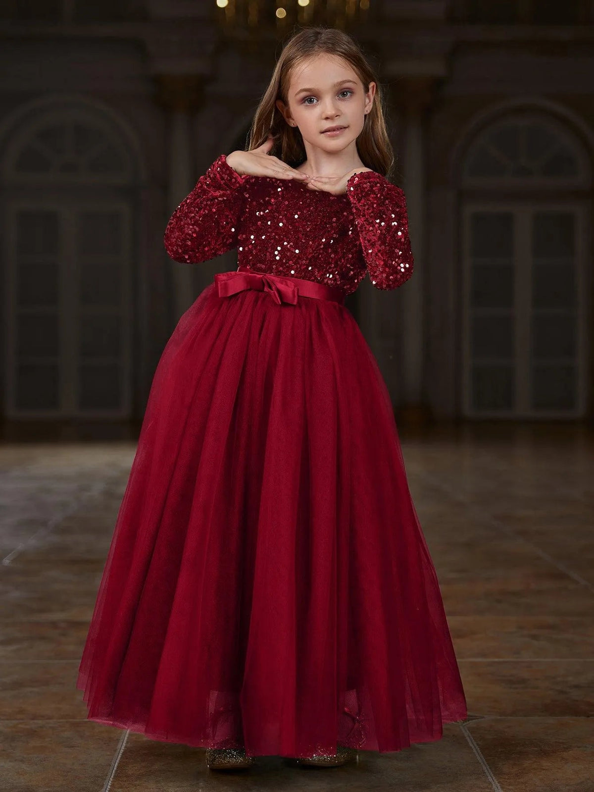 Additional product view of Sequin A-Line Long-Sleeve Mesh Maxi Tween Girls' Party Dress