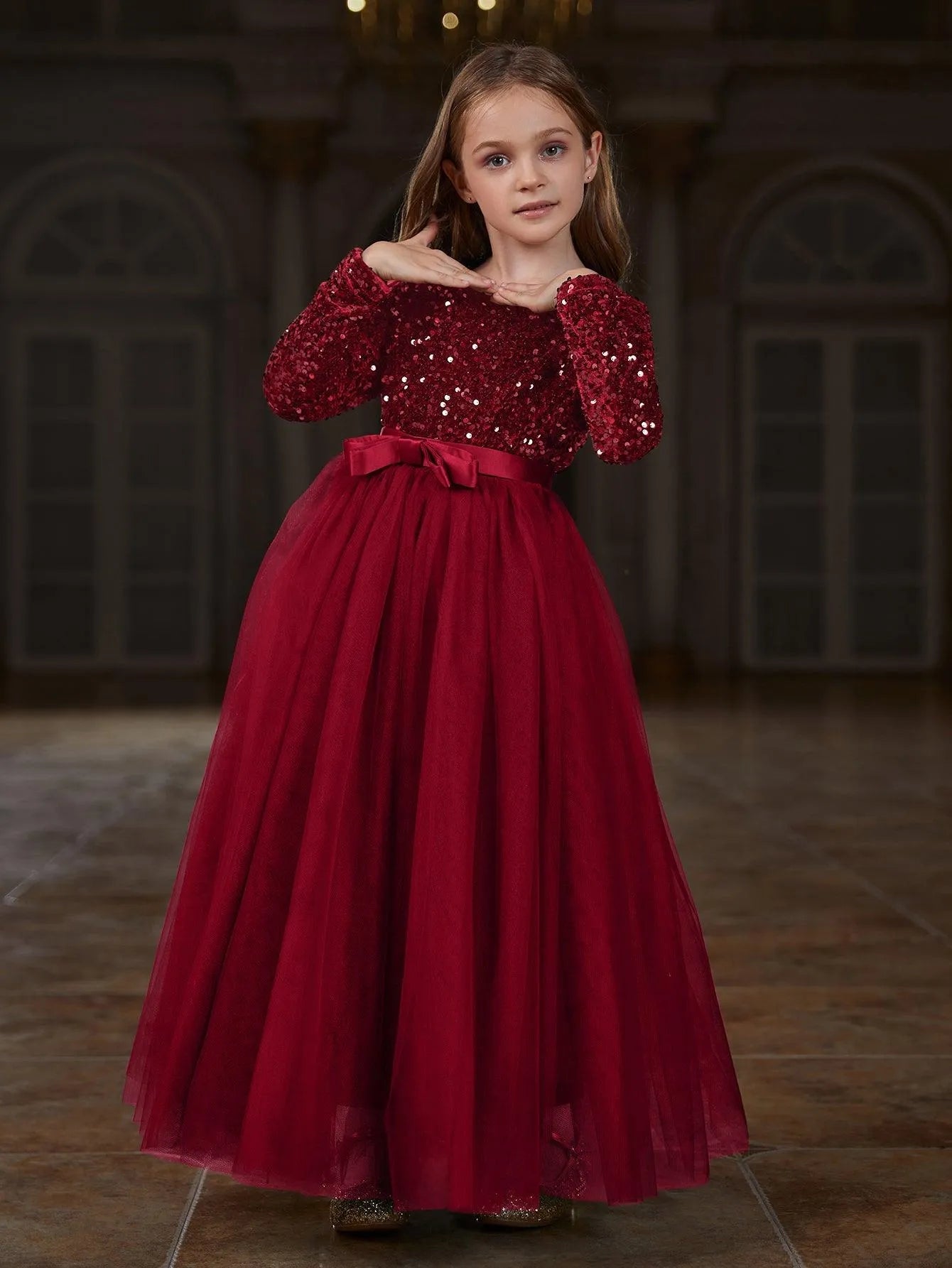 Additional product view of Sequin A-Line Long-Sleeve Mesh Maxi Tween Girls' Party Dress