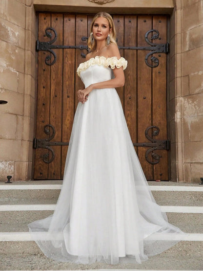 Off-Shoulder Satin Short-Sleeve A-Line Wedding Gown — authorized product image 6