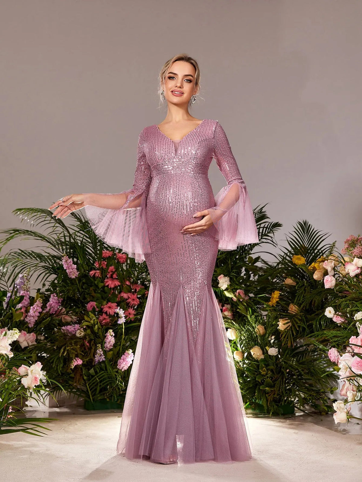 Maternity Plunging Sequin Long-Sleeve Mermaid Evening Gown — authorized product image 1