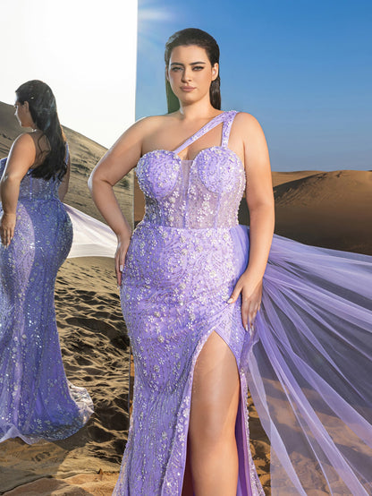 Plus-Size One-Shoulder Split Thigh Mermaid Hem Evening Gown — authorized product image 6