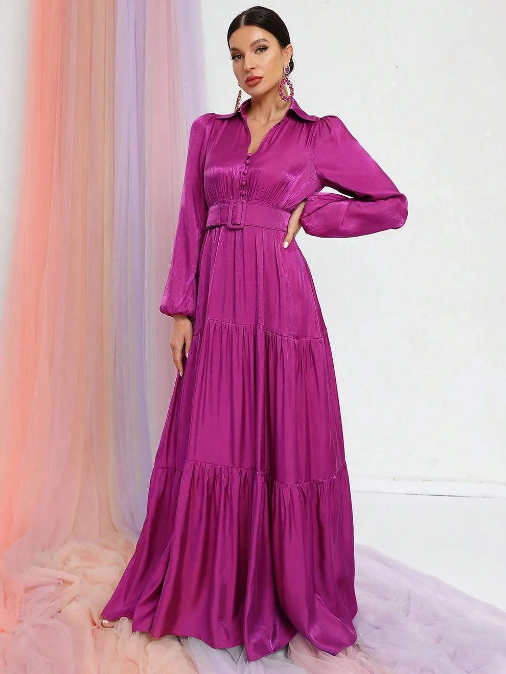 Additional product view of Belted Chiffon A-Line Long-Sleeve Maxi Evening Gown