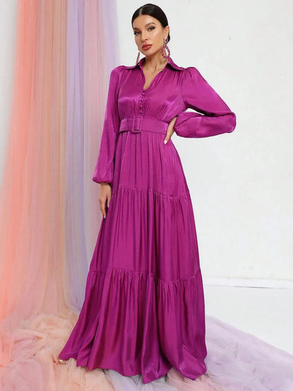 Additional product view of Belted Chiffon A-Line Long-Sleeve Maxi Evening Gown