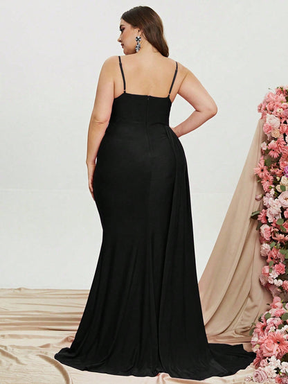 Additional product view of Draped Side Cami Strap Plus-Size Knit High-Slit Evening Gown
