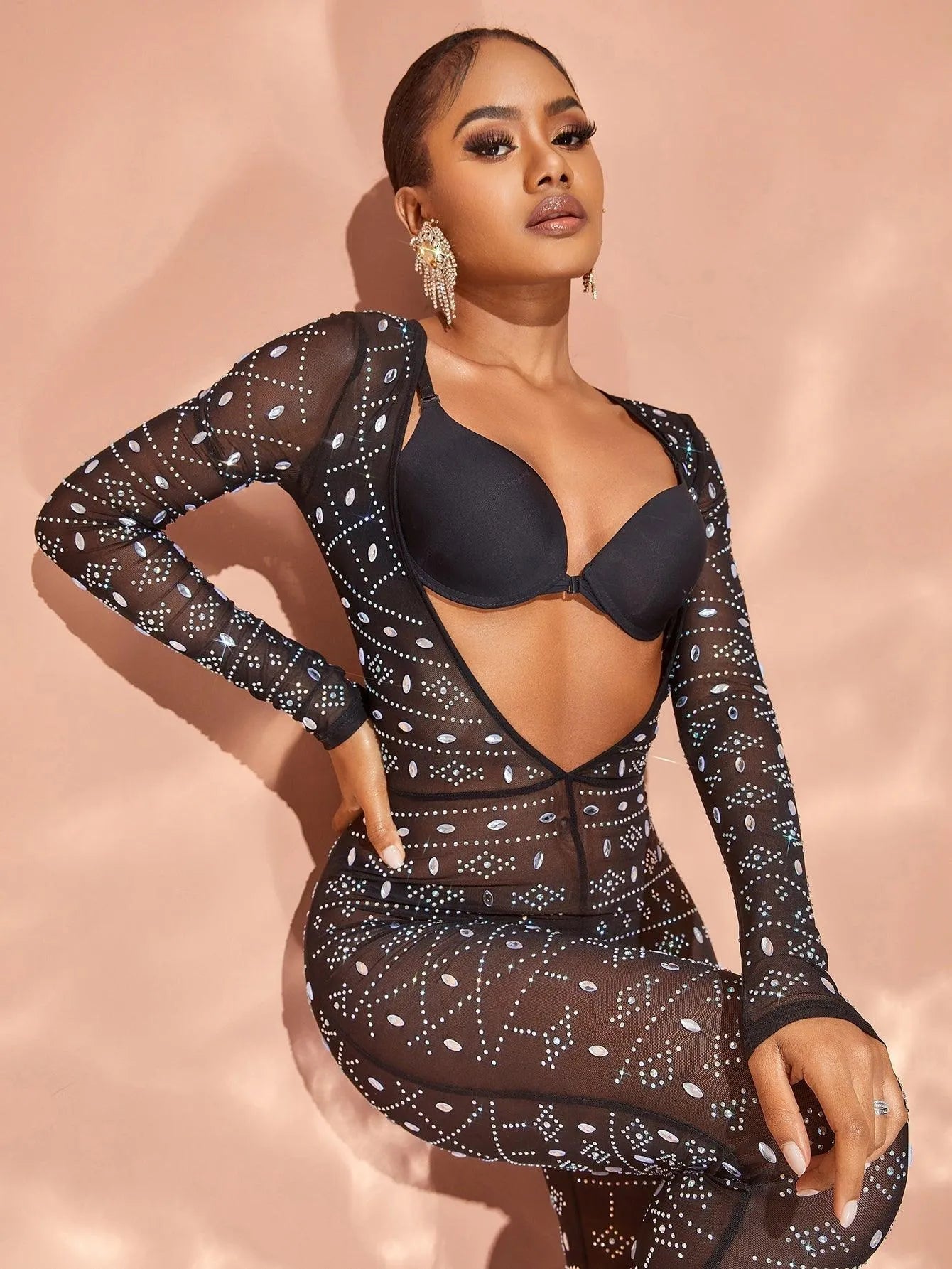 Chic Rhinestone Detail Plunging Neck Sheer Mesh Jumpsuit – view 5