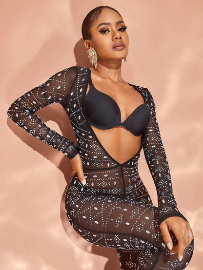 Chic Rhinestone Detail Plunging Neck Sheer Mesh Jumpsuit – view 5