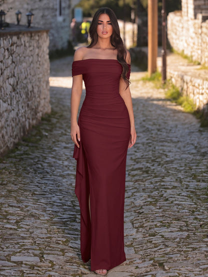 Alternate view of High-Slit Off-Shoulder Knit Bodycon Short-Sleeve Evening Gown in Burgundy