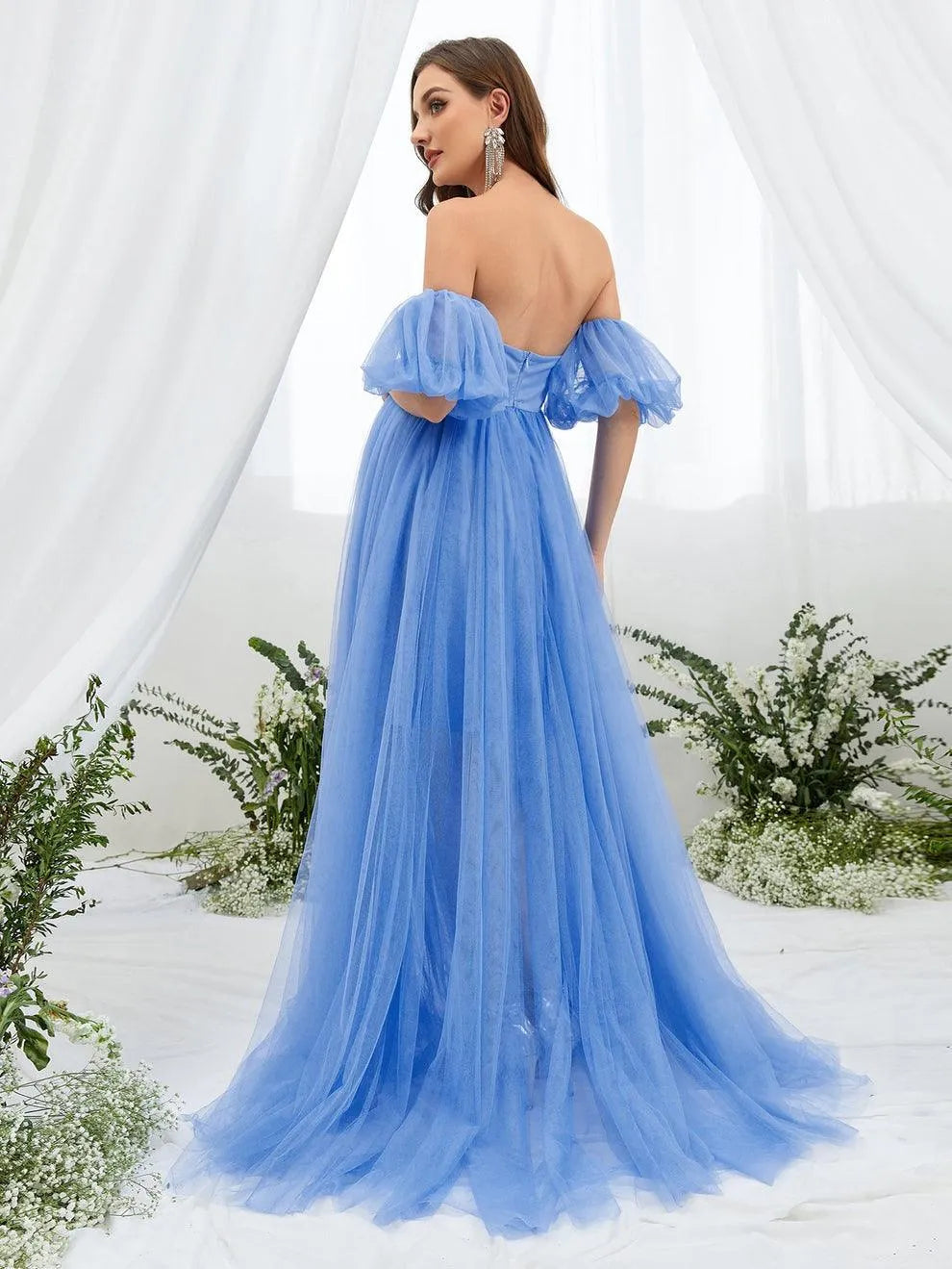Additional product view of Mesh Overlay Puff-Sleeve Off-Shoulder A-Line Maxi Maternity Evening Dress