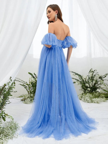 Additional product view of Mesh Overlay Puff-Sleeve Off-Shoulder A-Line Maxi Maternity Evening Dress