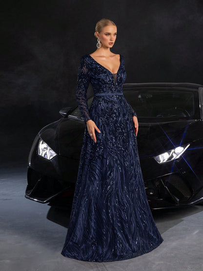 Elegant Plunging Neck Lace-up Back Graphic Sequin Formal Prom Dress