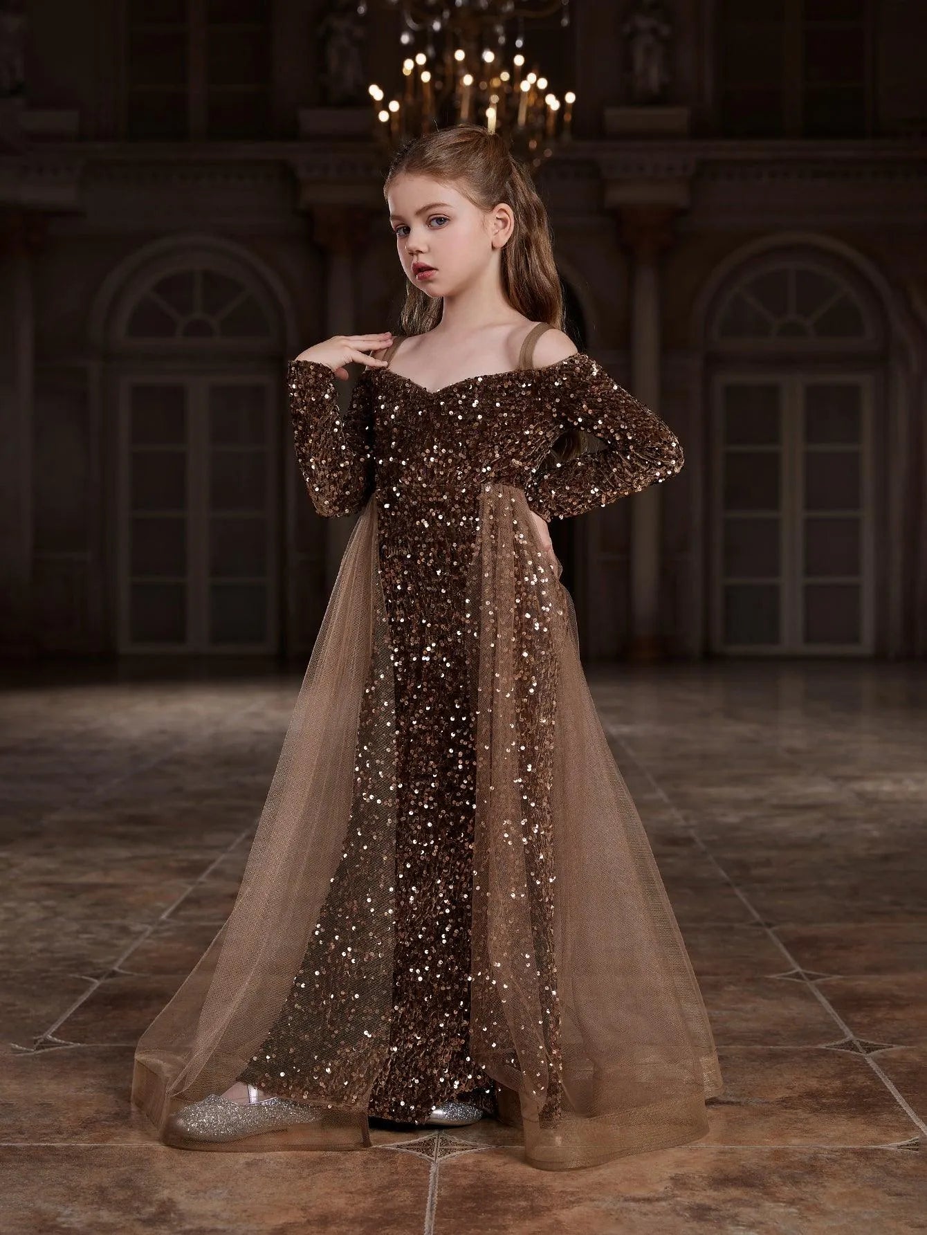 Additional product view of Mesh Overlay Off-Shoulder Sequin Mermaid Long-Sleeve Tween Girls' Party Dress