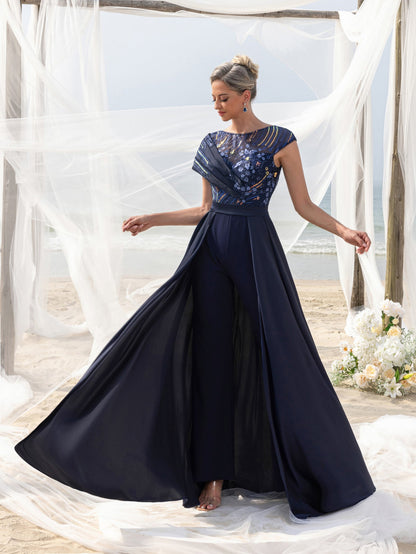 Satin V-Neck A-Line Sequin Maxi Mother-of-the-Bride Dress in Navy Blue