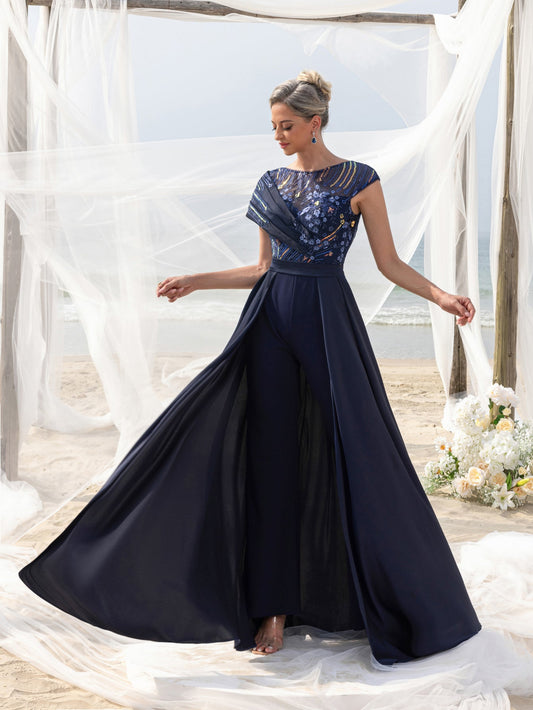 Satin V-Neck A-Line Sequin Maxi Mother-of-the-Bride Dress in Navy Blue