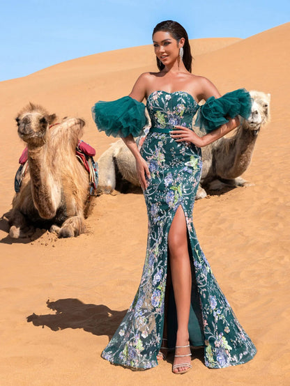 Luxury Strapless Ruffle Sleeve Mermaid Hem Floral Beaded Seuqin Evening Dress — authorized product image 1
