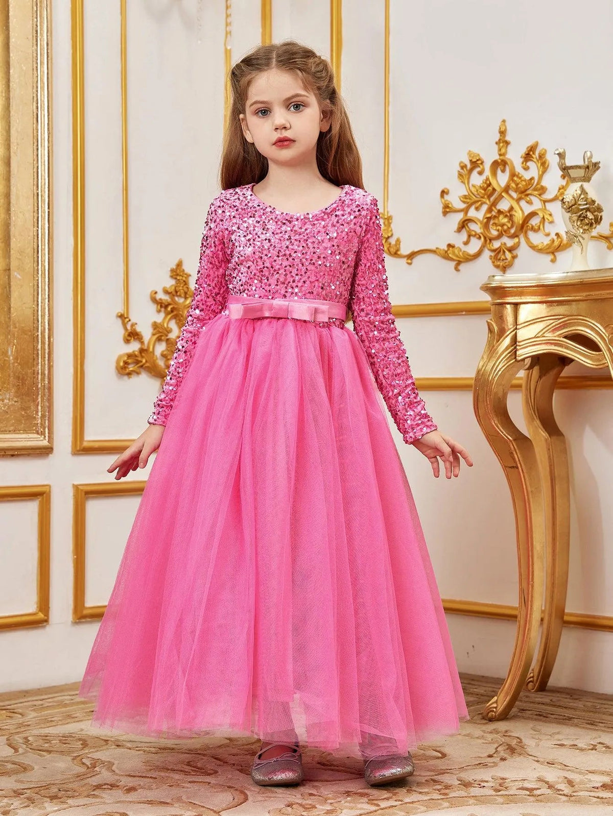 Alternate view of Sequin A-Line Long-Sleeve Mesh Maxi Tween Girls' Party Dress in Pink