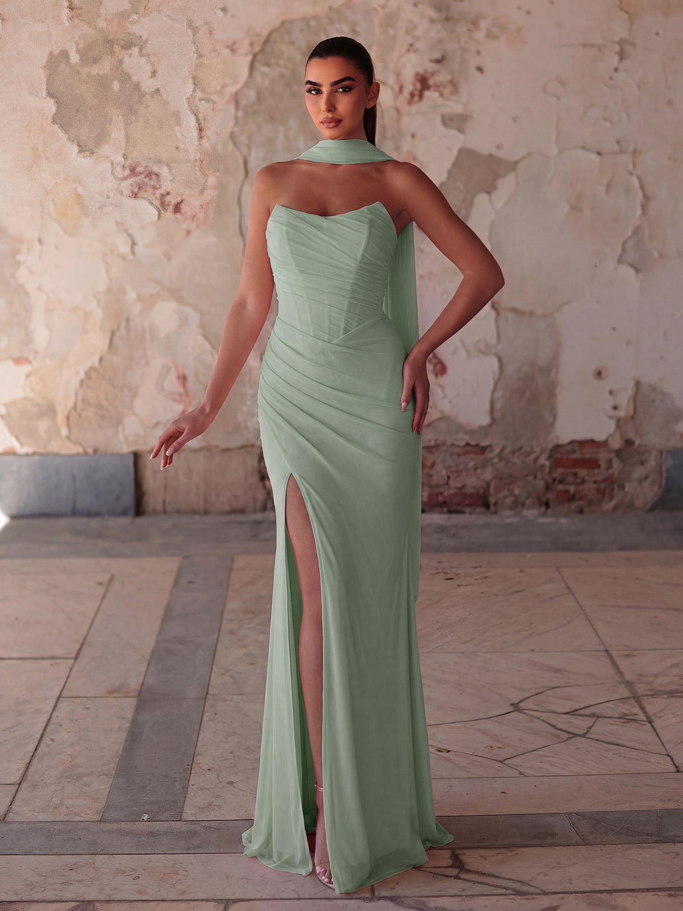 Alternate view of Lace-Up Back Strapless High-Slit Mermaid Sleeveless Evening Gown in Mint