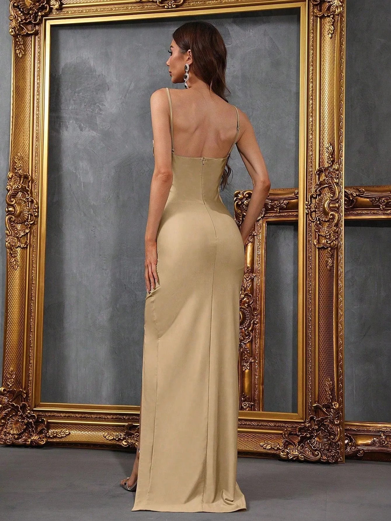 Additional product view of Cami Strap High-Slit Knit Sheath Sleeveless Evening Gown