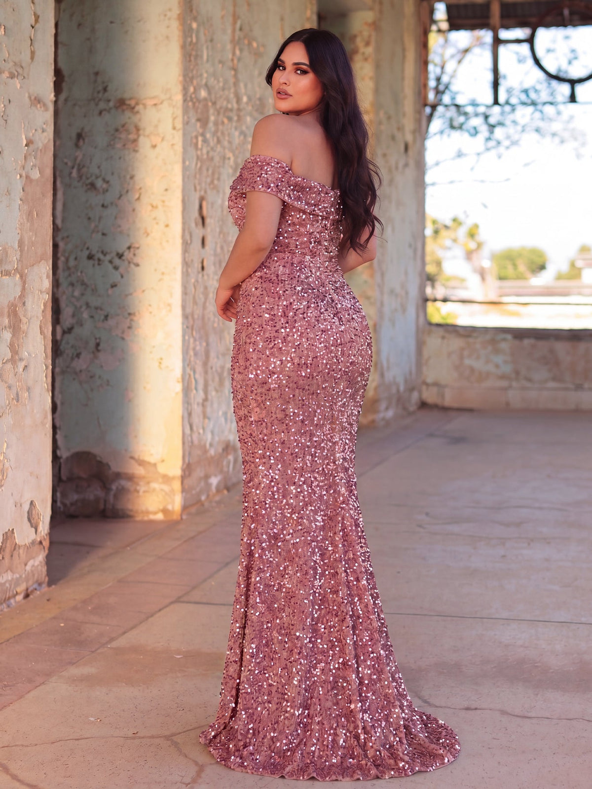 Additional product view of Plus-Size Off-Shoulder Sequin Mermaid Short-Sleeve Evening Gown