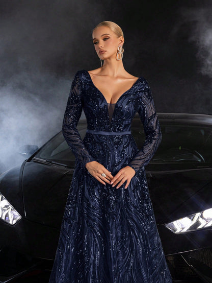 Elegant Plunging Neck Lace-up Back Graphic Sequin Formal Prom Dress