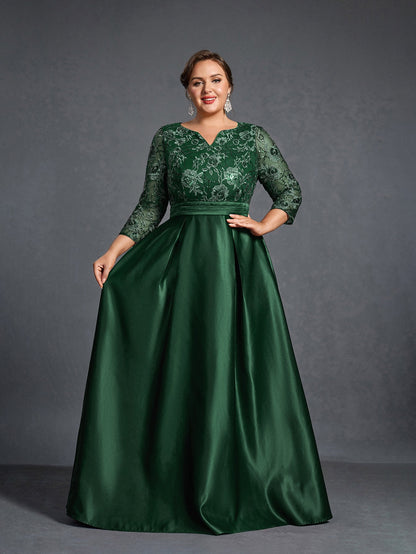 Alternate view of Plus-Size Satin V-Neck A-Line Sequin Mother-of-the-Bride Dress in Dark Green