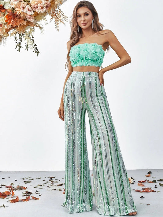 3D Flowers Tube Top & Sequin Wide Leg Pants — authorized product image 1