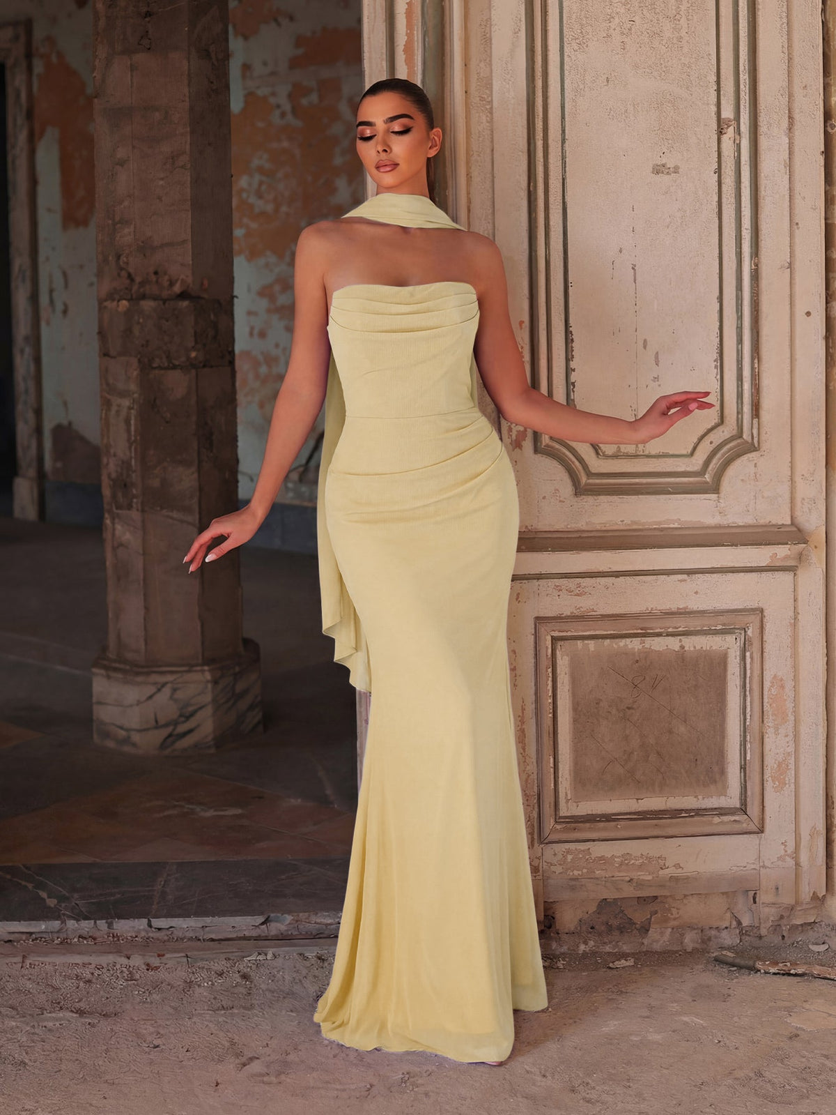 Alternate view of Backless Strapless Chiffon Mermaid Sleeveless Evening Gown in Yellow
