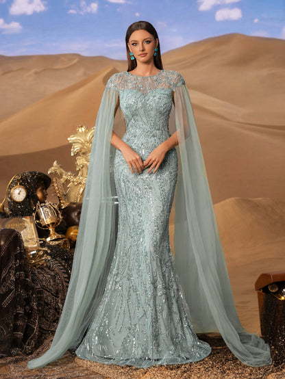 Luxury Round Neck Cloak Sleeve Mermaid Hem Beaded Evening Dress — authorized product image 10