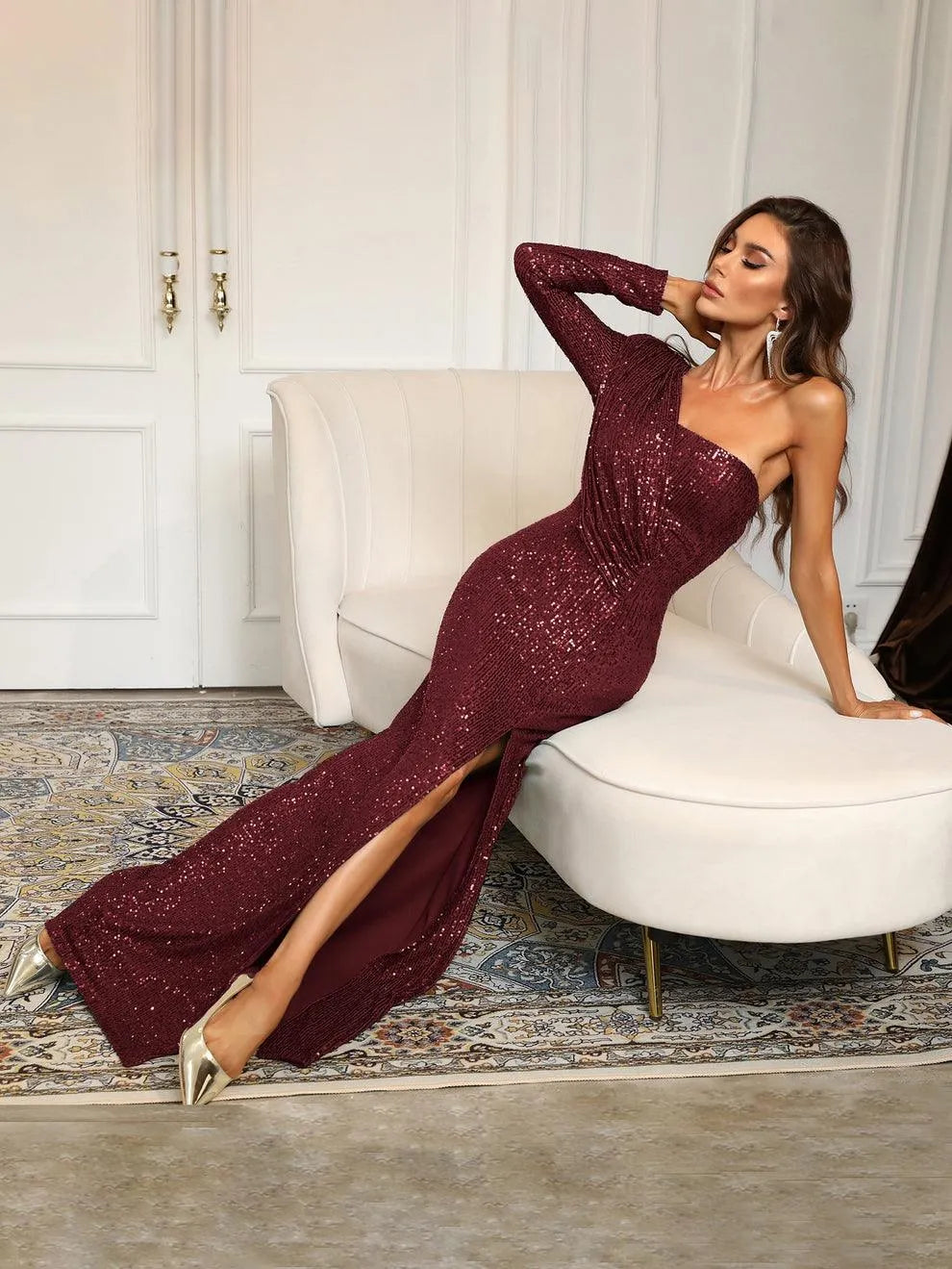 Additional product view of High-Slit One-Shoulder Sequin Sheath Maxi Evening Gown