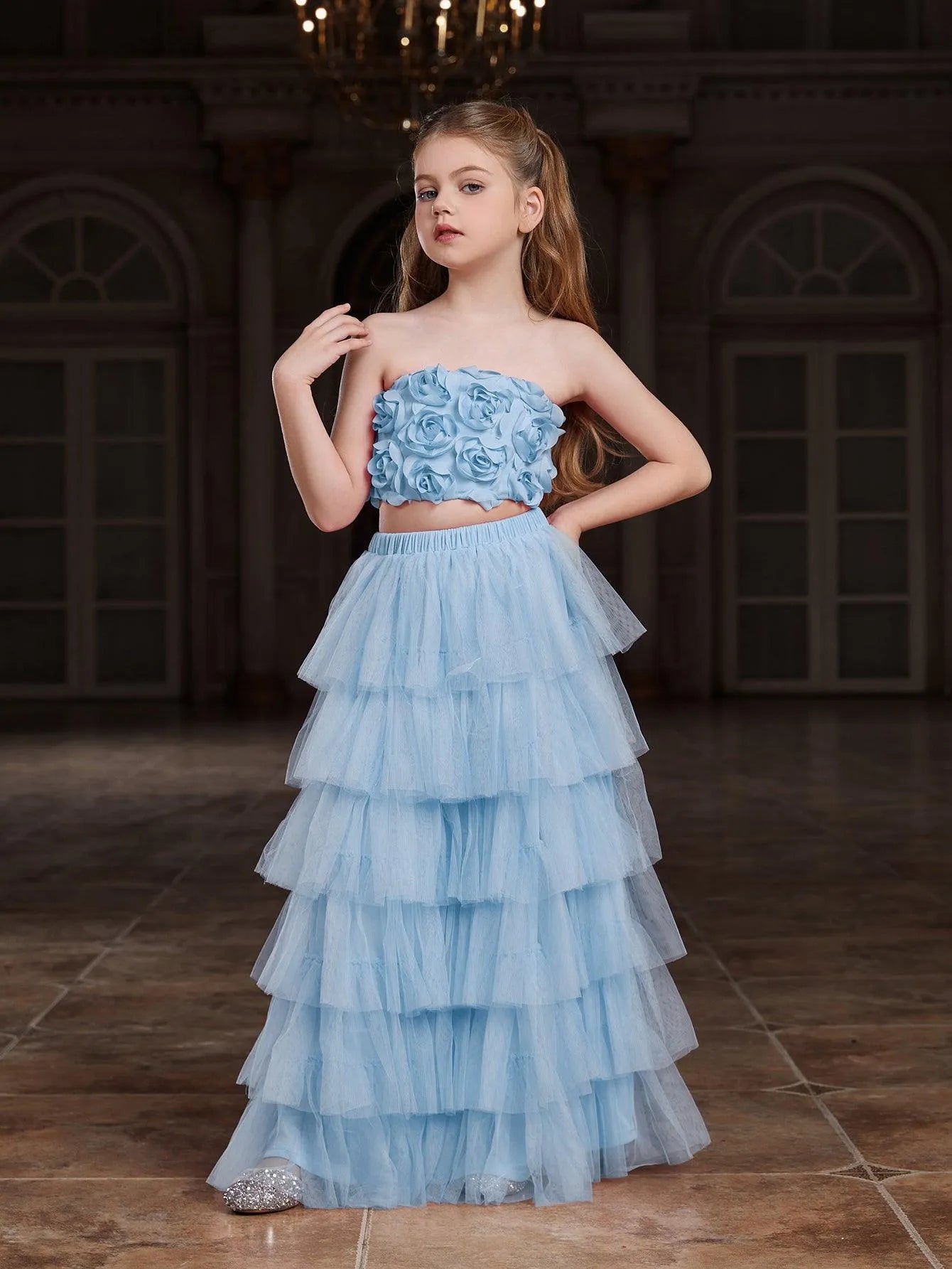 Additional product view of Strapless Mesh 3D-Flower A-Line Sleeveless Girls' Two-Piece Formal Set