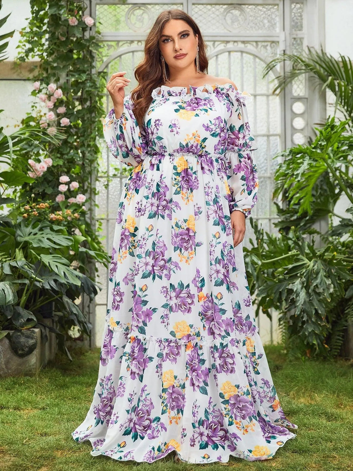 Plus-Size Off-Shoulder Chiffon Floral Long-Sleeve A-Line Evening Gown — authorized product image 3