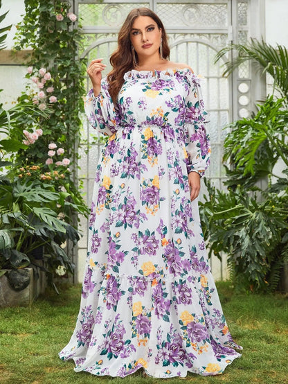 Plus-Size Off-Shoulder Chiffon Floral Long-Sleeve A-Line Evening Gown — authorized product image 3
