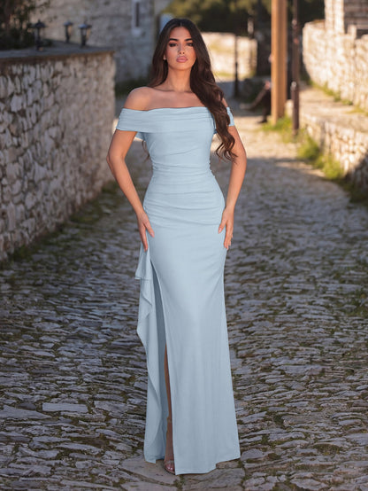 Additional product view of High-Slit Off-Shoulder Knit Bodycon Short-Sleeve Evening Gown