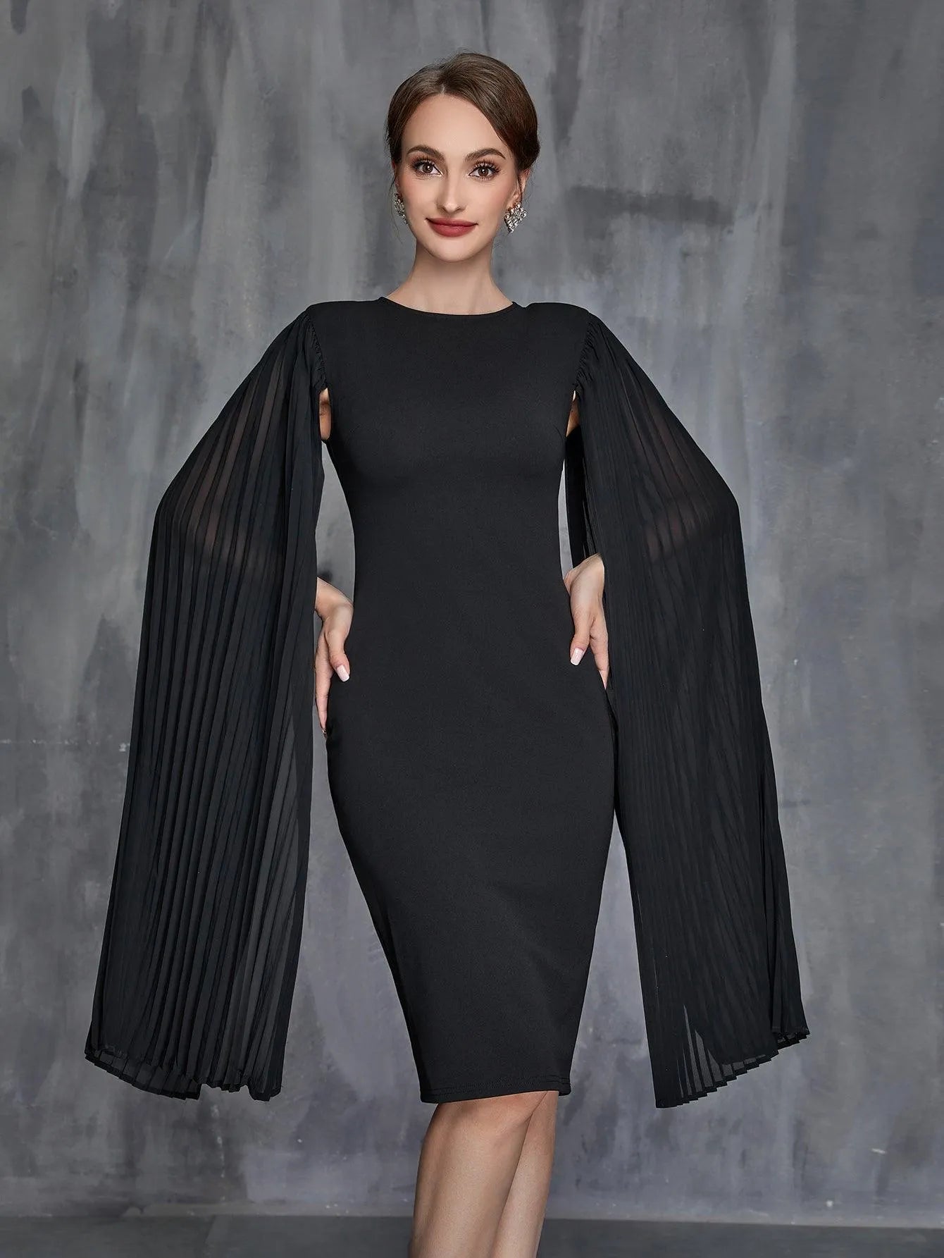 Women's Pleated Cloak Sleeves Midi Dress