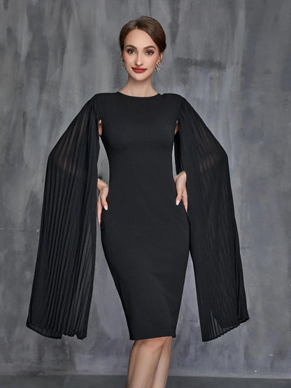 Women's Pleated Cloak Sleeves Midi Dress