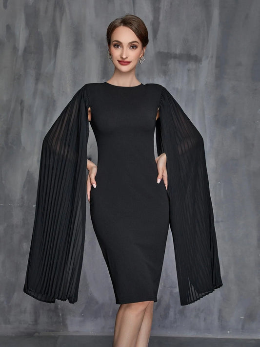 Women's Pleated Cloak Sleeves Midi Dress