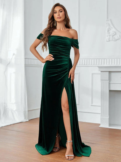 Off-Shoulder Ruched Front Draped Side Velvet Party Dress