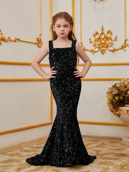 Alternate view of Mermaid Hem Square-Neck Sequin Sleeveless Maxi Tween Girls' Party Dress in Black