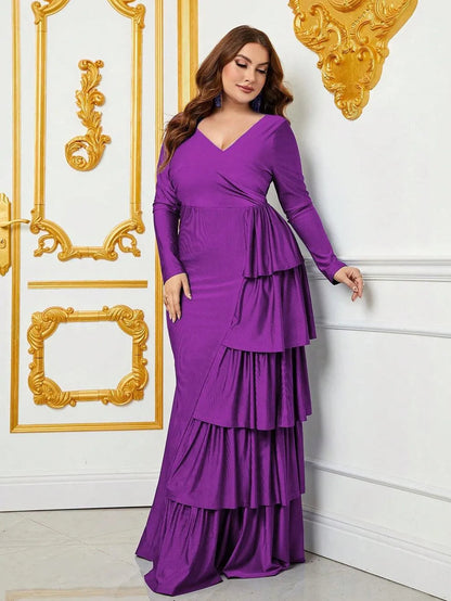 Plus V Neck Long Sleeves Draped Layered Ruffle Trim Formal Dress Evening Dress
