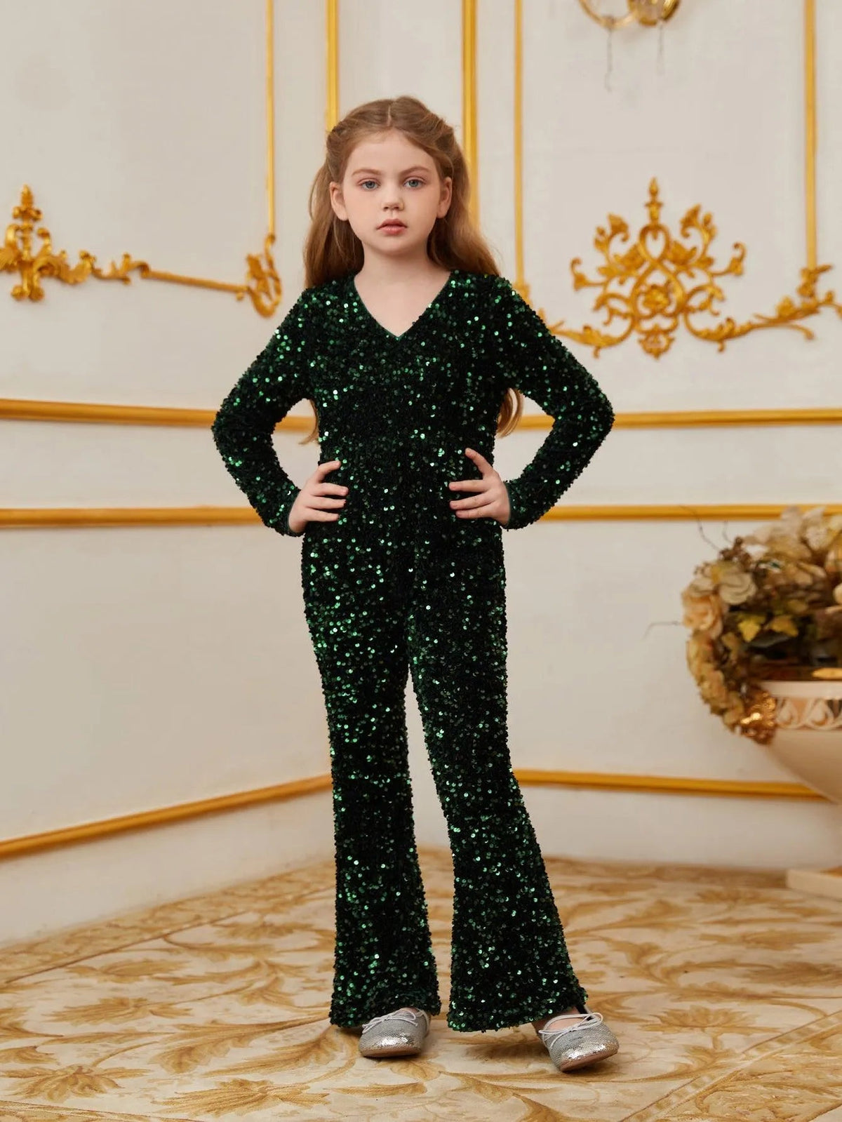 Tween Girls' V-Neck Sequin Long-Sleeve Jumpsuit — authorized product image 1