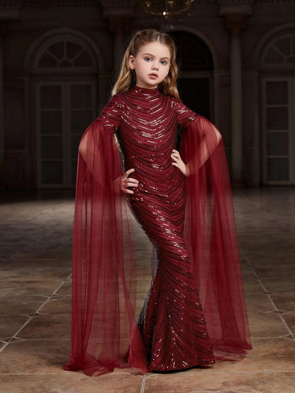 Tween Girls' High Neck Sequin Cape Mermaid Formal Gown — authorized product image 7