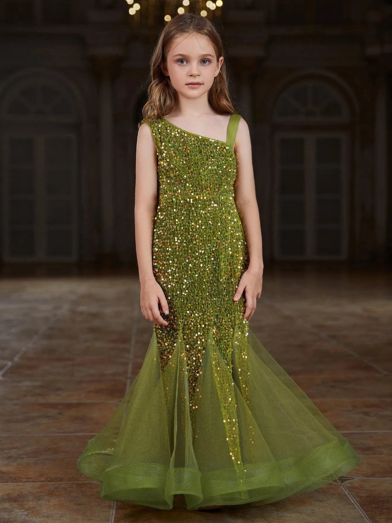 Additional product view of Mesh Insert Mermaid Hem One-Shoulder Sequin Sleeveless Tween Girls' Party Dress
