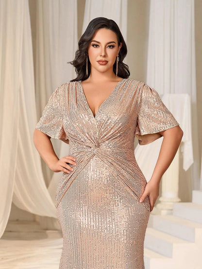 Additional product view of Twist Front Plunging-Neck Plus-Size V-Neck Sequin Evening Gown