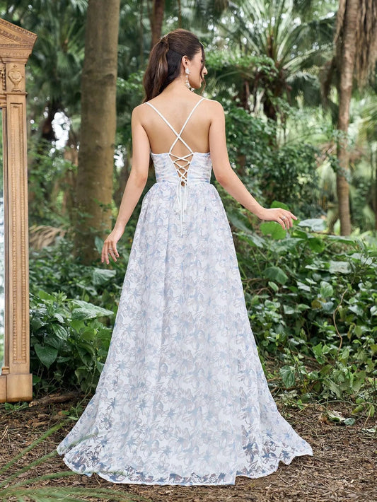 Elegant Lace Up Back Floral Pattern Cami Party Dress – view 2
