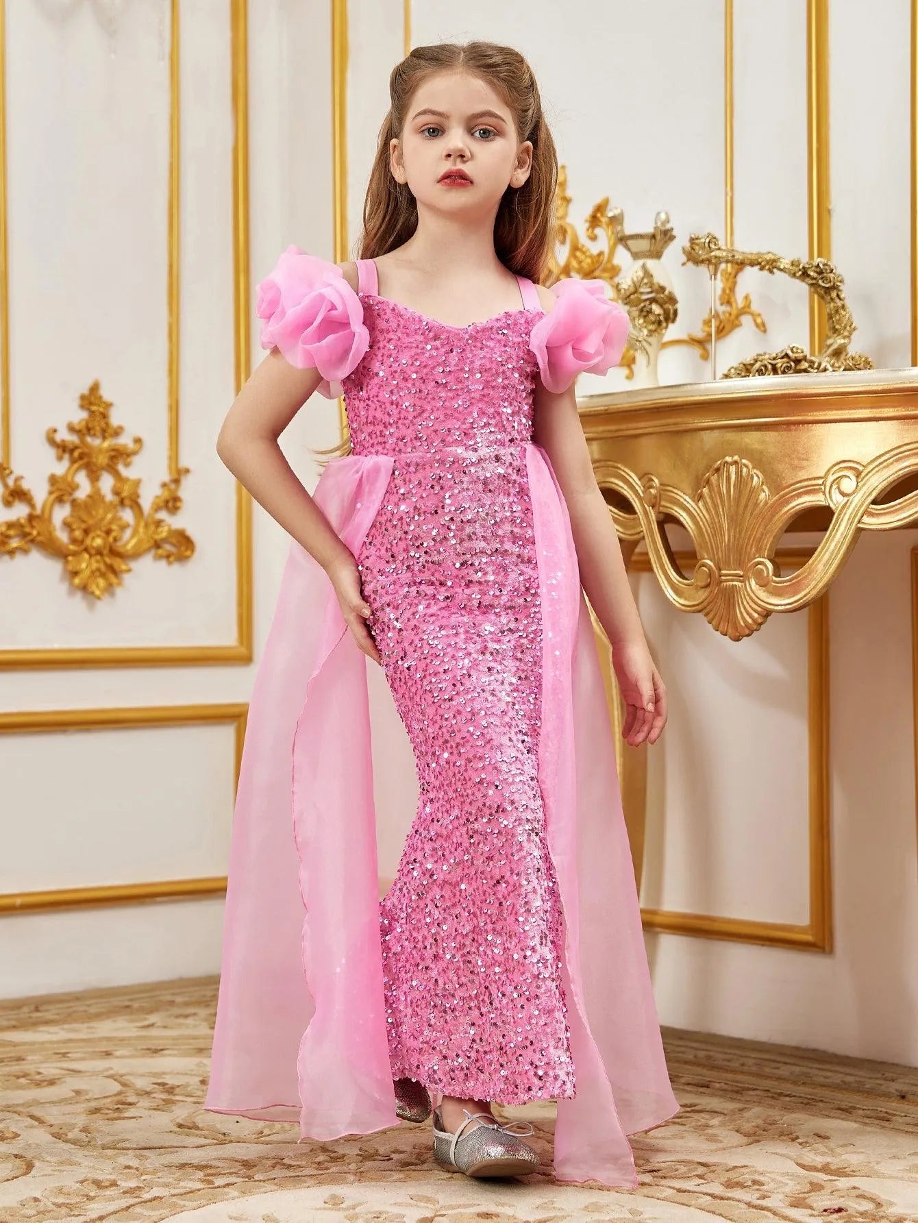 Alternate view of Mesh Overlay Sweetheart-Neck Sequin Mermaid Short-Sleeve Tween Girls' Party Dress in Pink