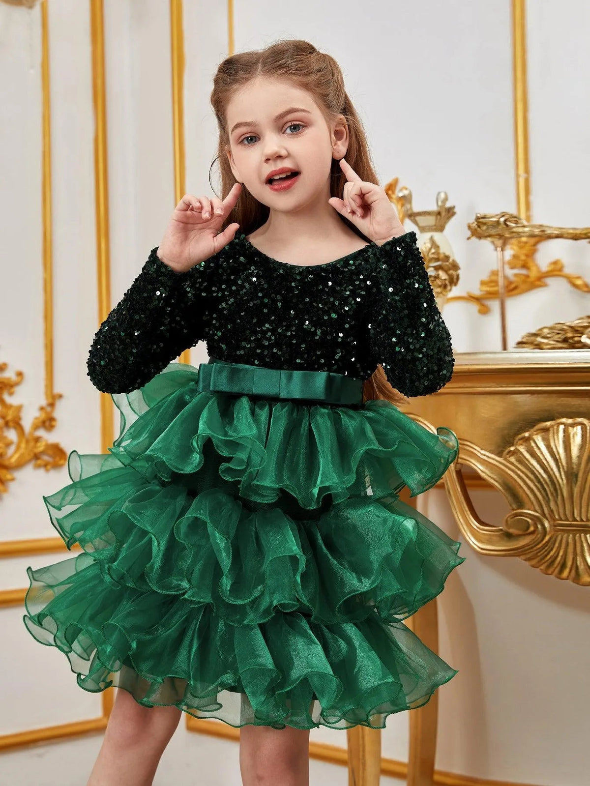 Alternate view of Sequin A-Line Long-Sleeve Midi Tween Girls' Party Dress in Dark Green