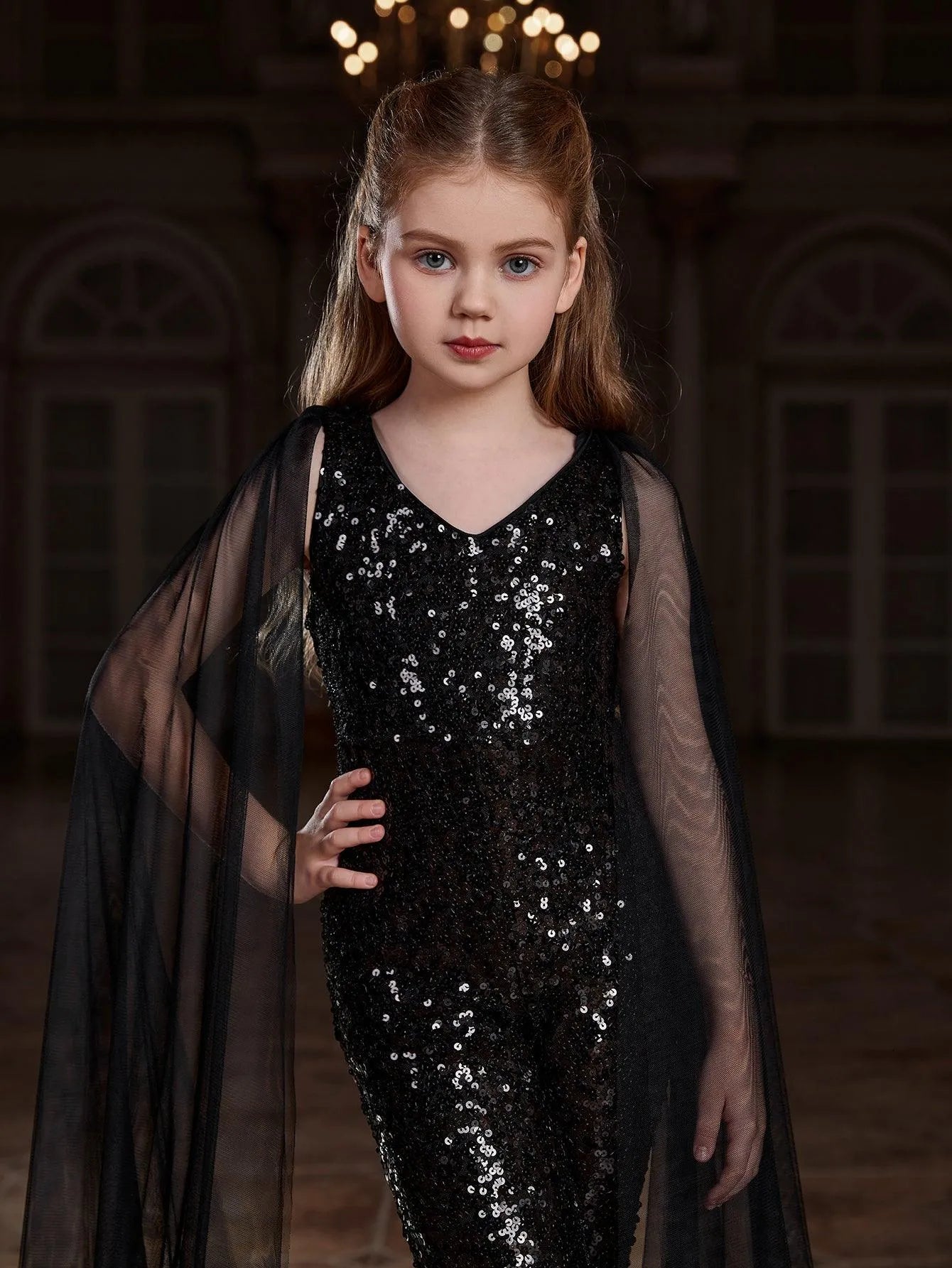 Additional product view of Cloak-Sleeve V-Neck Sequin Tween Girls' Party Jumpsuit