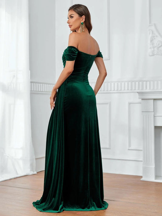 Off-Shoulder Ruched Front Draped Side Velvet Party Dress – view 2