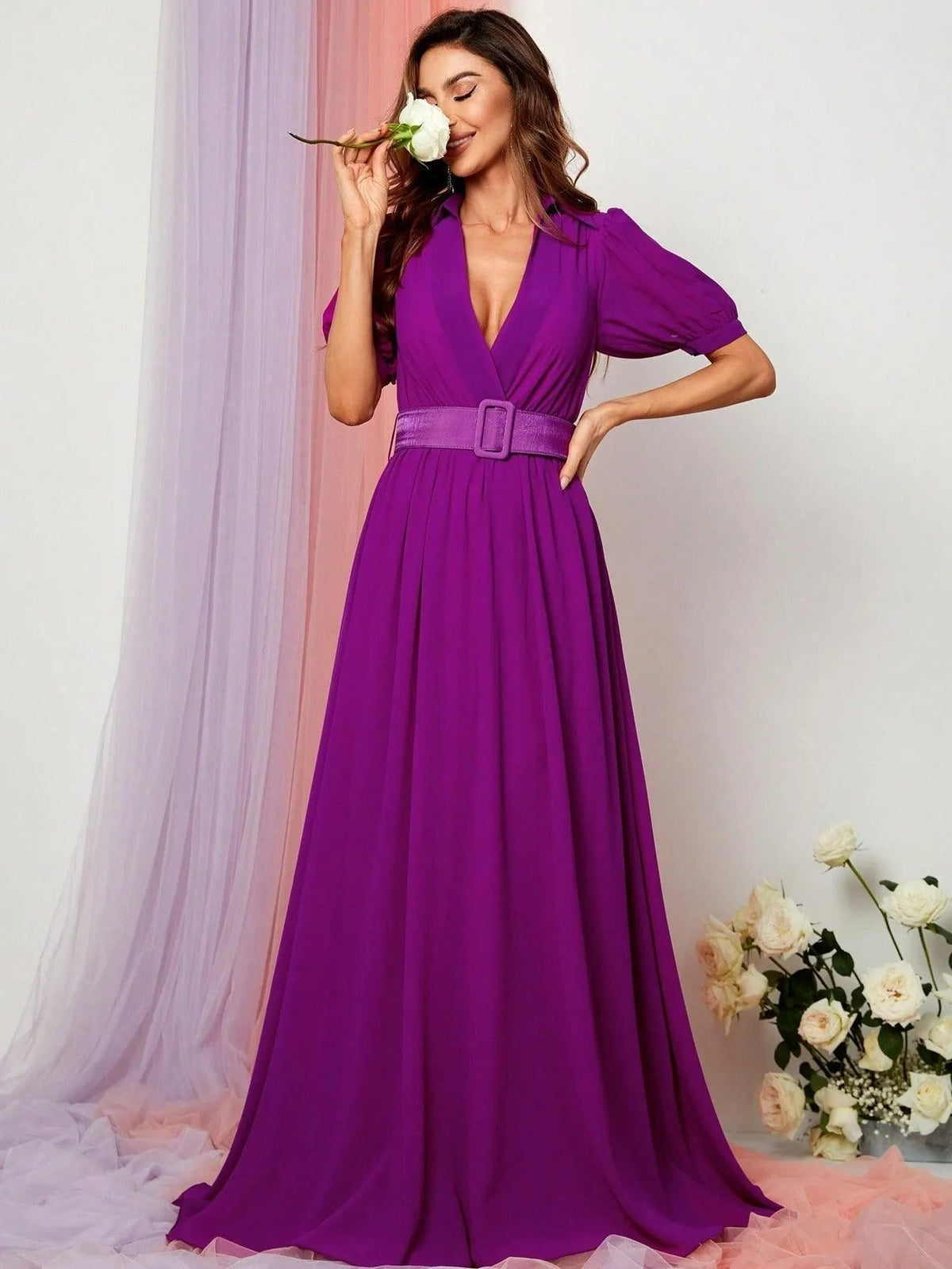 Additional product view of Deep V-Neck Puff-Sleeve Chiffon A-Line Maxi Evening Gown